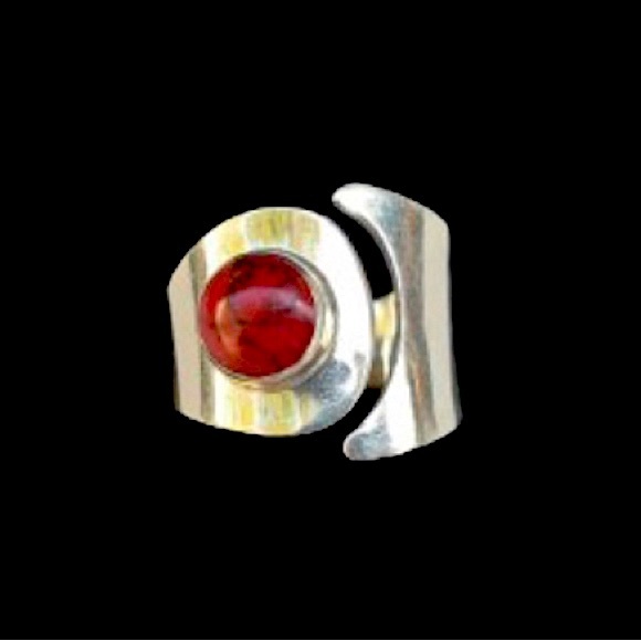 TAXCO Sterling Silver Red Jasper Cabochon Inlay Split Shank Band Sz 9 - Picture 9 of 10